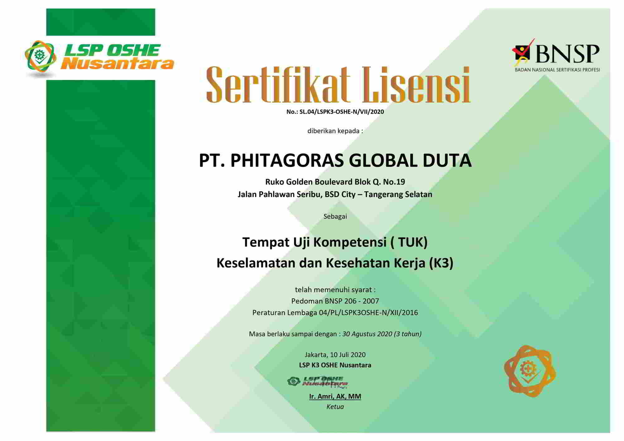 Sertifikat Lisensi OHSE Nusantara - Phitagoras Training and Consulting