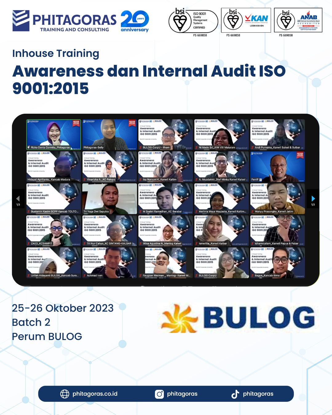 Inhouse Training Awareness dan Internal Audit ISO 9001:2015 - Perum BULOG Batch 2