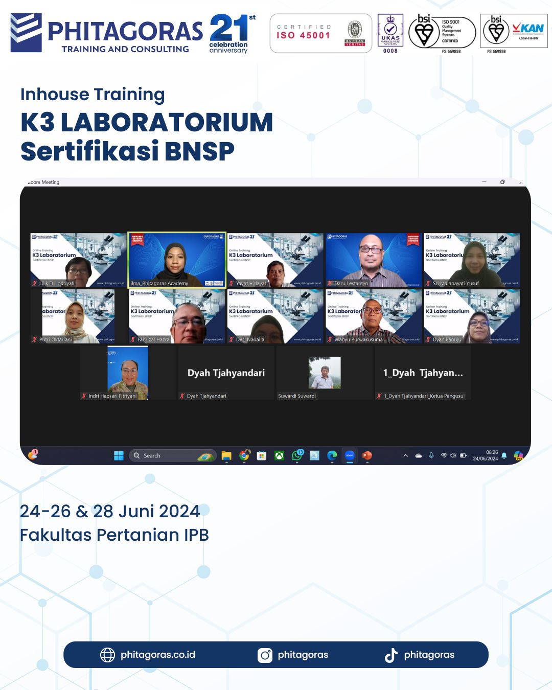 Inhouse Training K3 Laboratorium Sertifikasi BNSP - Fakultas Pertanian IPB 24-26 & 28 Juni 2024.