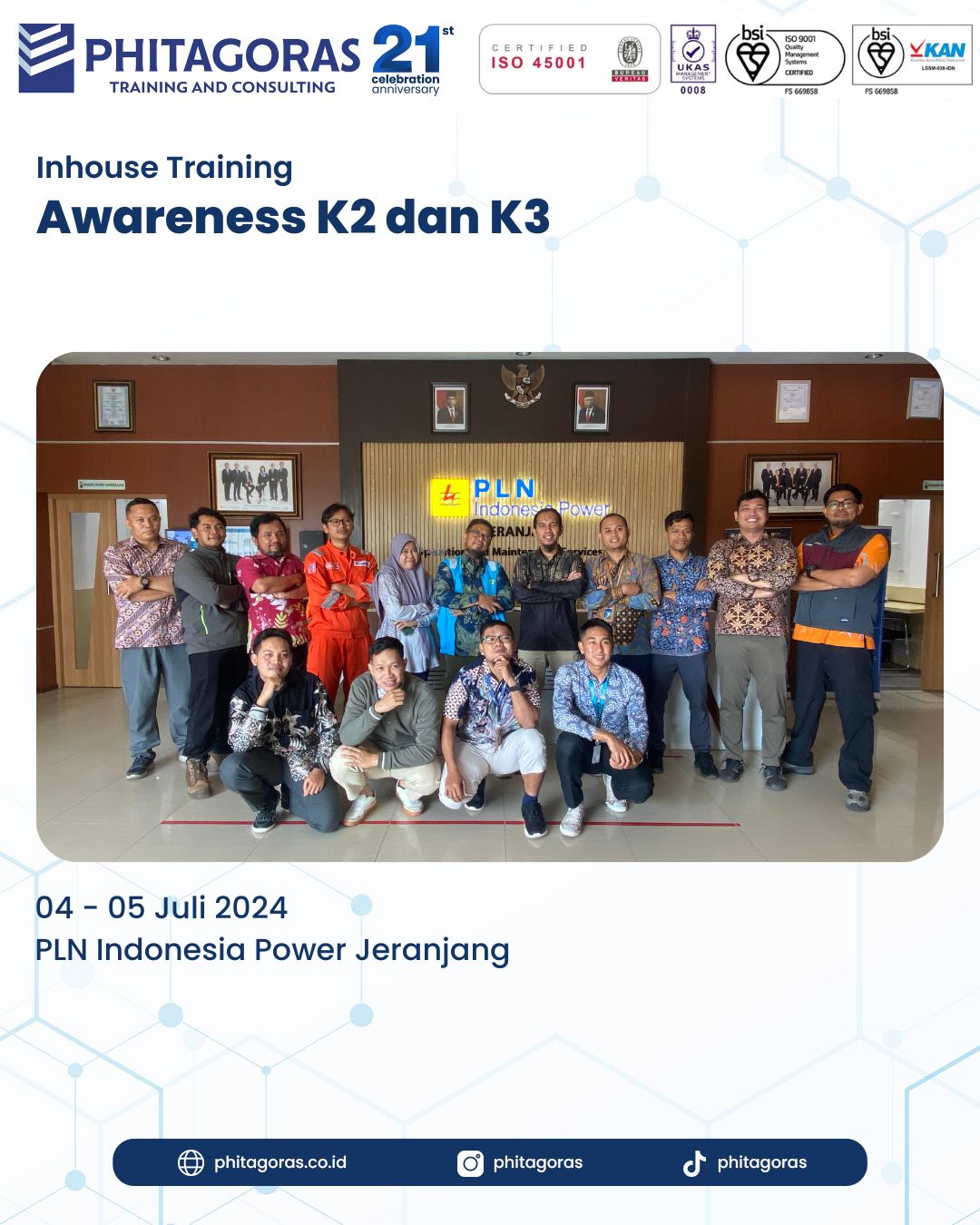 Inhouse Training Awareness K2 dan K3 - PLN Indonesia Power Jeranjang Tanggal 04 - 05 Juli 2024