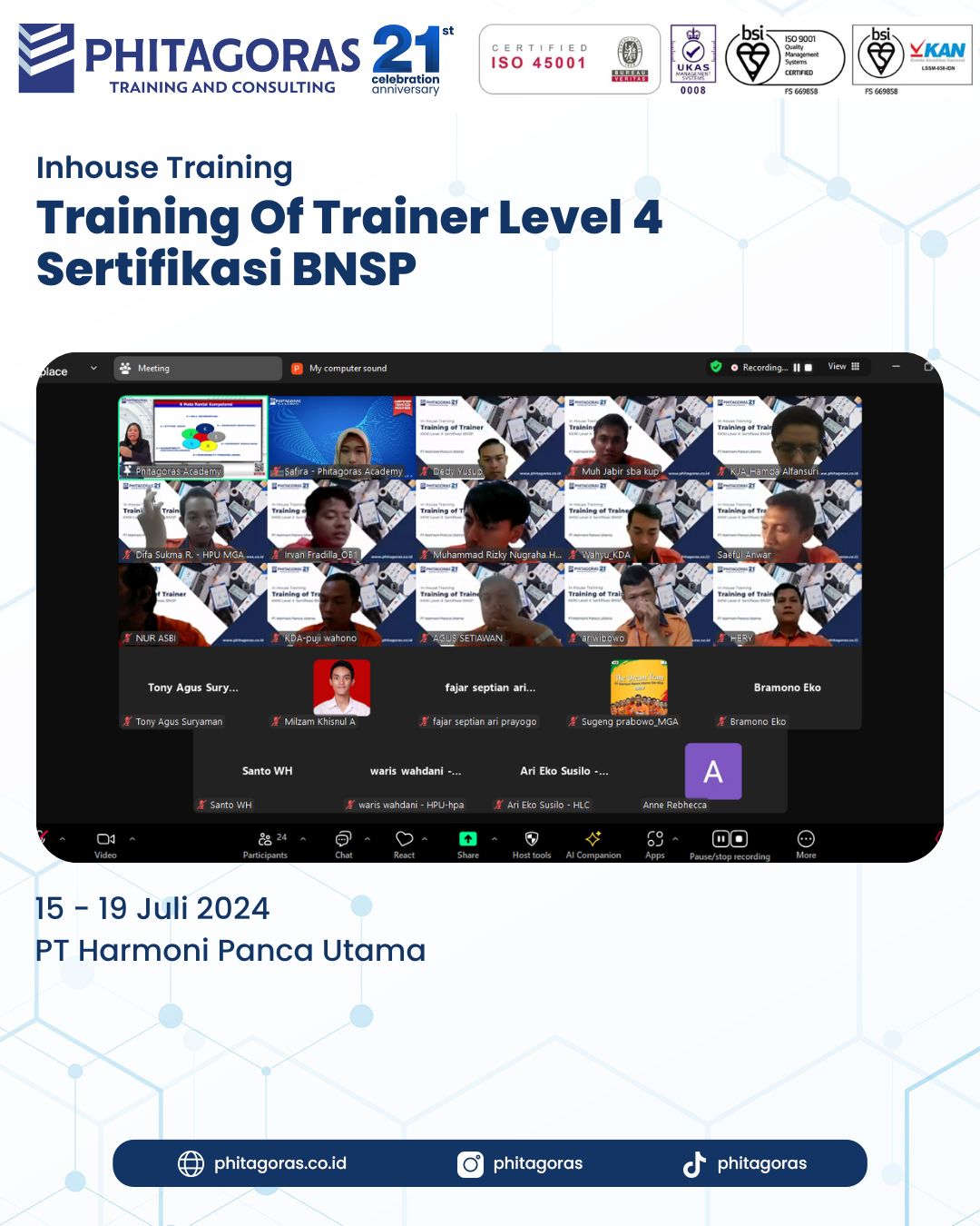 Inhouse Training Of Trainer Level 4 Sertifikasi BNSP - PT Harmoni Panca Utama Tanggal 15 - 19 Juli 2024