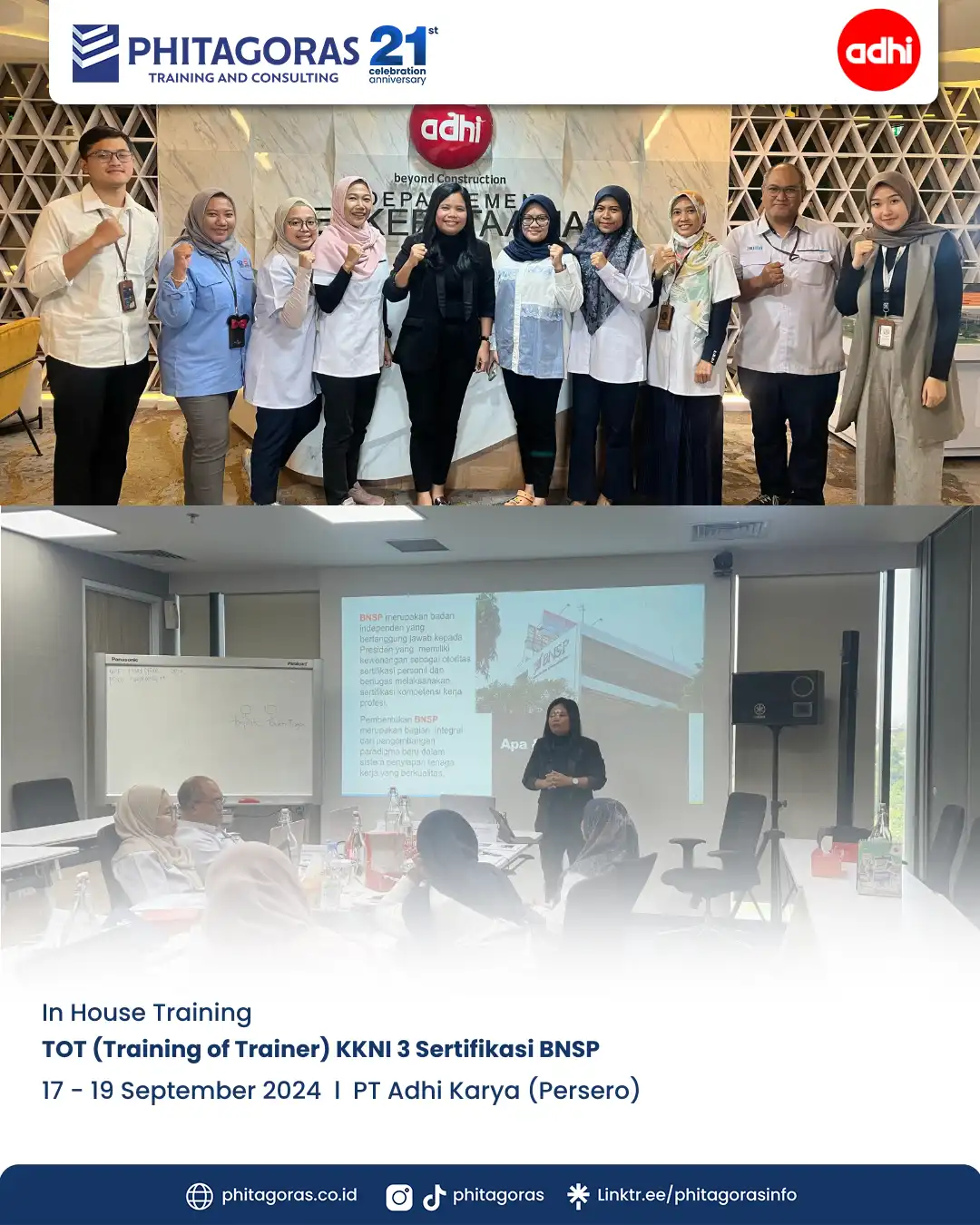 Inhouse Training TOT (Training of Trainer) KKNI 3 Sertifikasi BNSP - PT Adhi Karya (Persero) Tanggal 17 - 19 September 2024